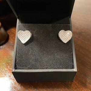 Diamond 14kt White Gold Heart Earrings, Screw backs